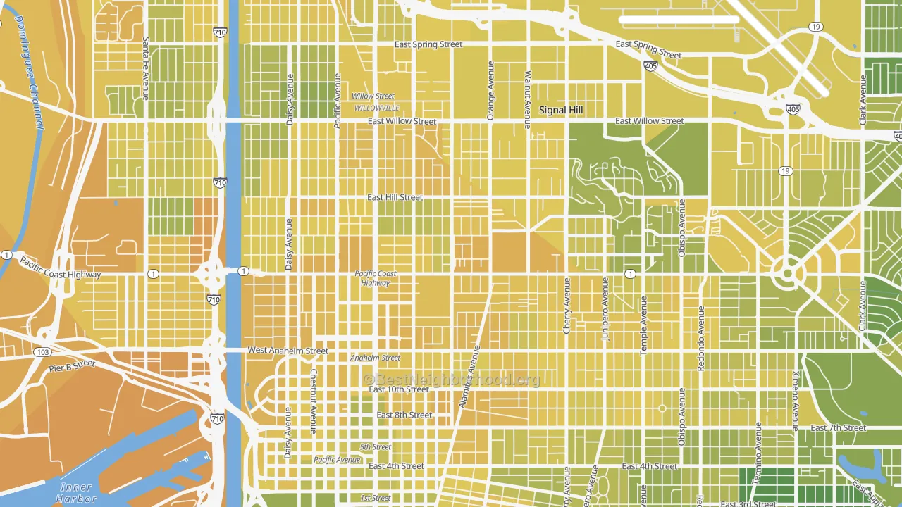 Map of the best neighborhoods in the Poly High District, Long Beach area, with better matches in green and worse matches in red