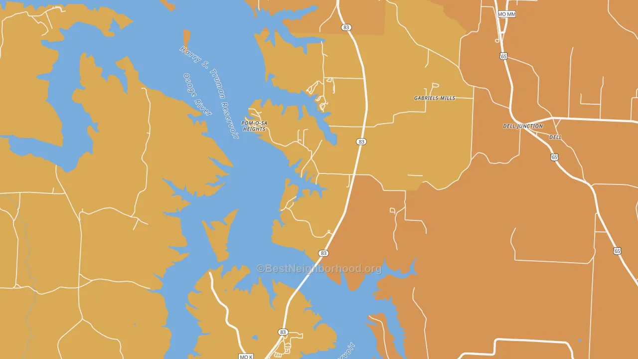 Map of the best neighborhoods in the Pom-o-sa Heights area, with better matches in green and worse matches in red