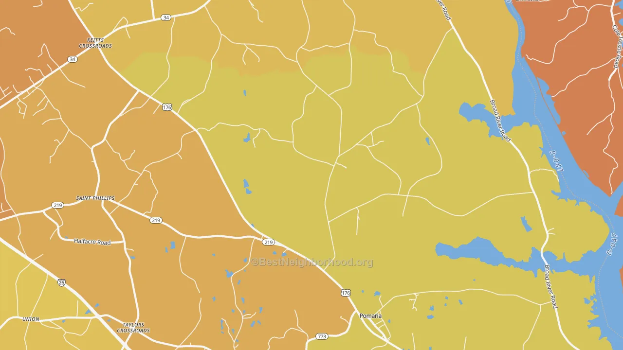 Map of the best neighborhoods in the Pomaria area, with better matches in green and worse matches in red