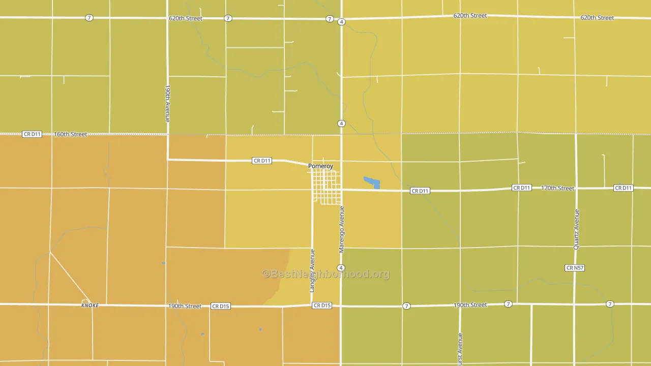 Map of the best neighborhoods in the Pomeroy area, with better matches in green and worse matches in red