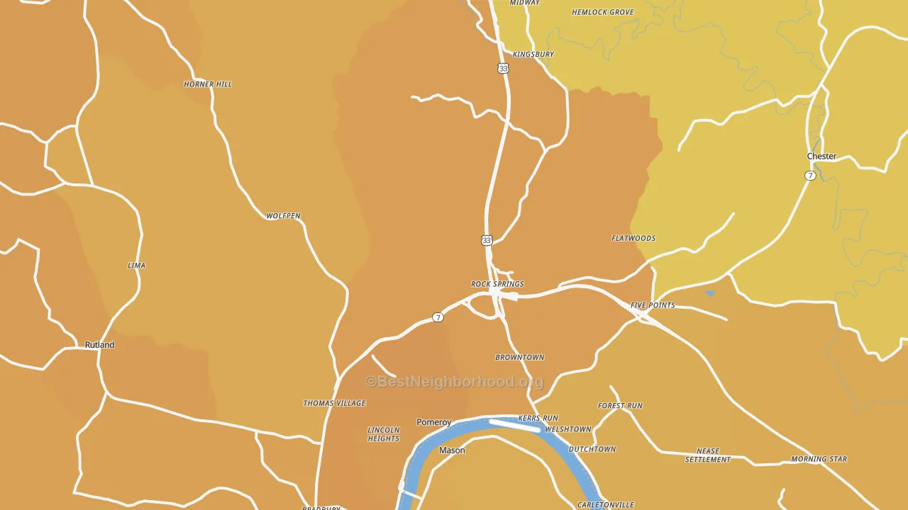 Map of the best neighborhoods in the Pomeroy area, with better matches in green and worse matches in red