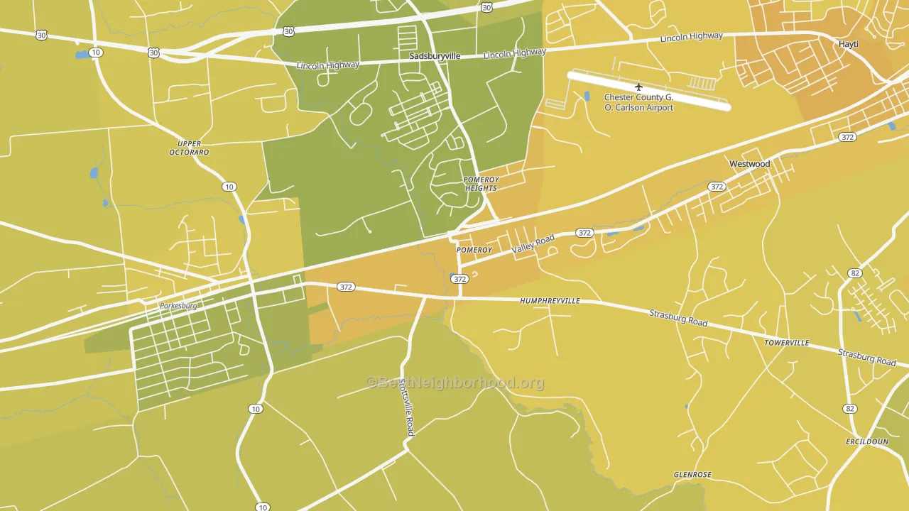Map of the best neighborhoods in the Pomeroy area, with better matches in green and worse matches in red