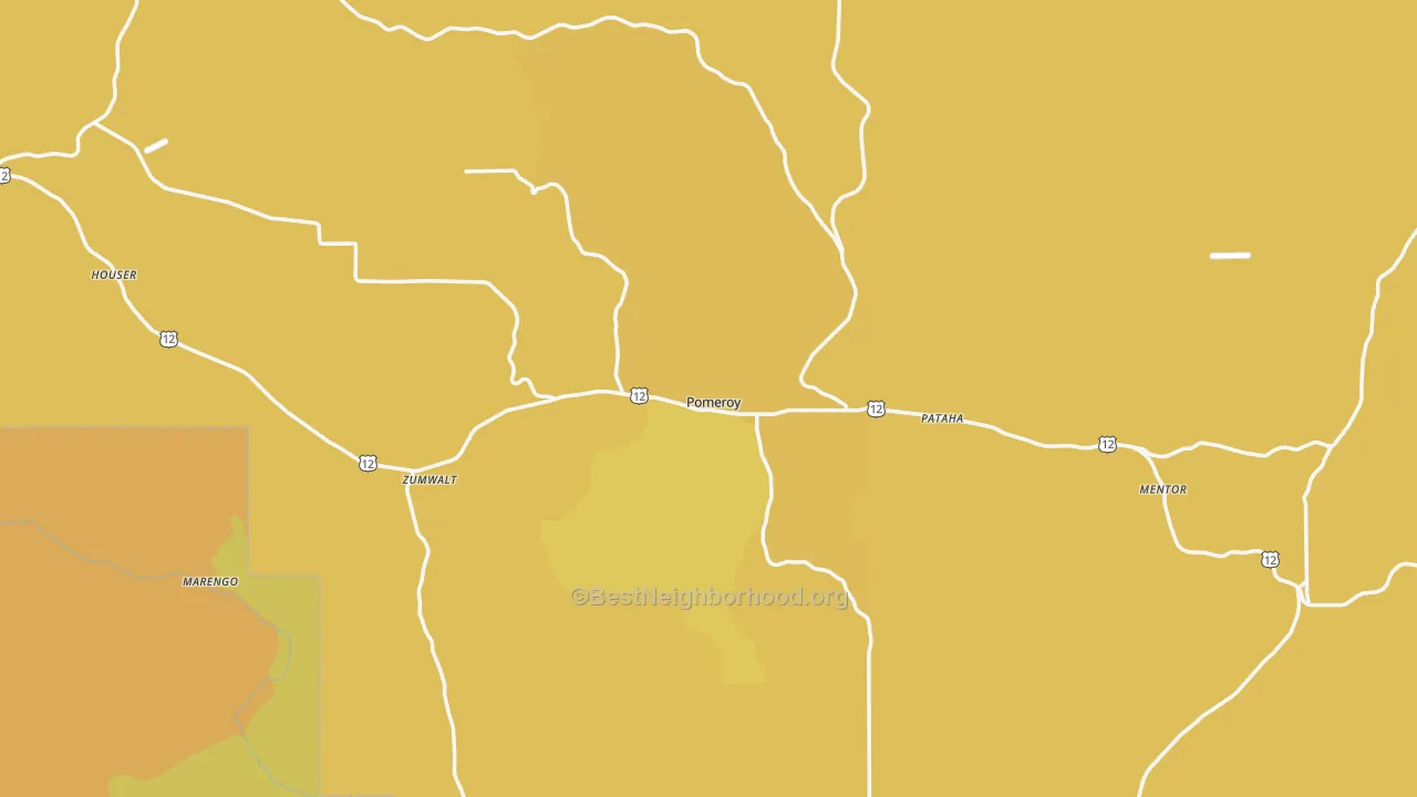 Map of the best neighborhoods in the Pomeroy area, with better matches in green and worse matches in red