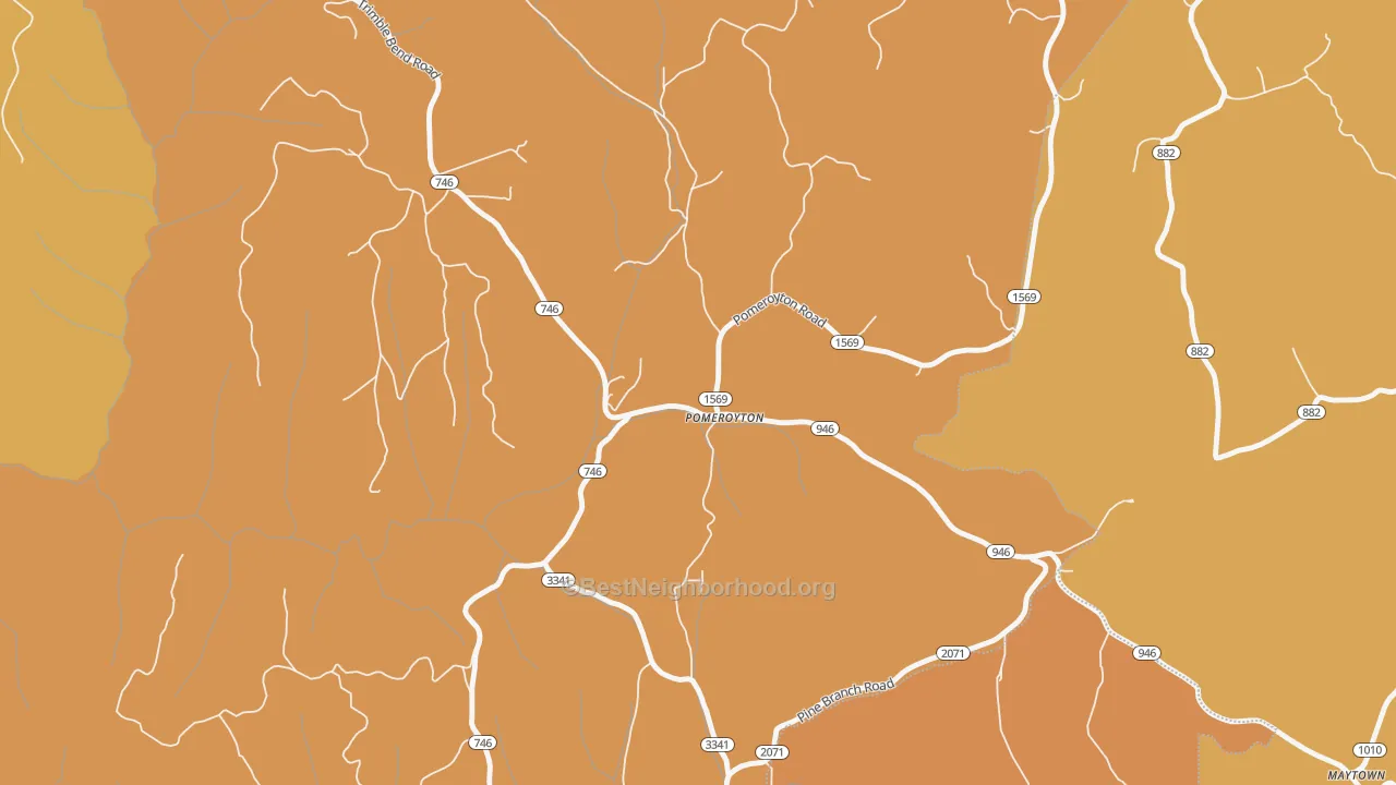 Map of the best neighborhoods in the Pomeroyton area, with better matches in green and worse matches in red