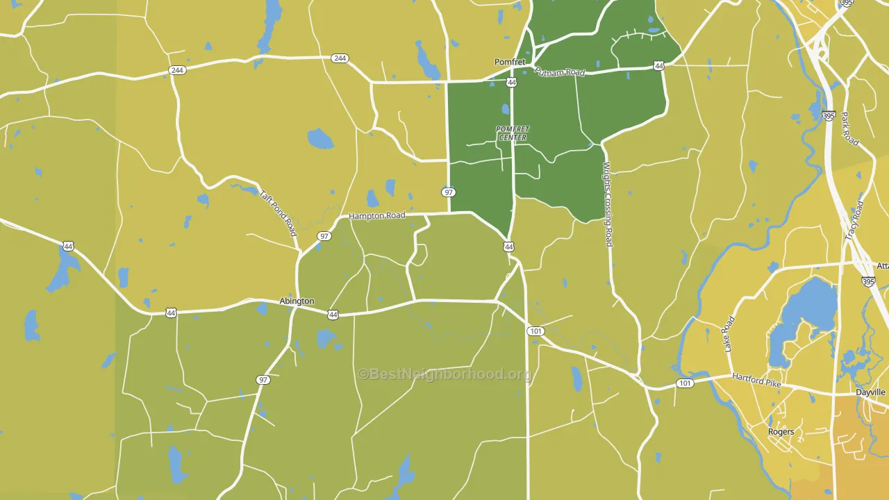 Map of the best neighborhoods in the Pomfret Center area, with better matches in green and worse matches in red