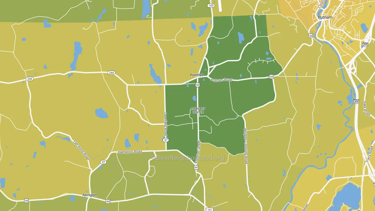 Map of the best neighborhoods in the Pomfret area, with better matches in green and worse matches in red