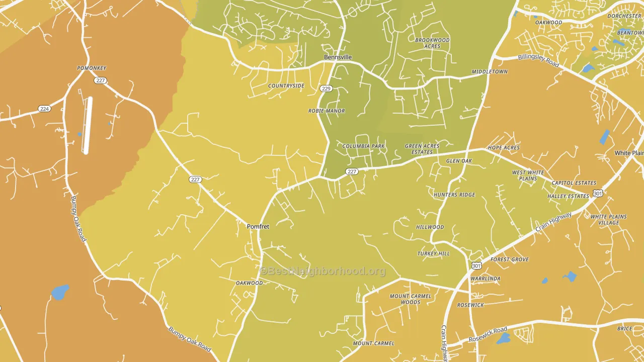 Map of the best neighborhoods in the Pomfret area, with better matches in green and worse matches in red