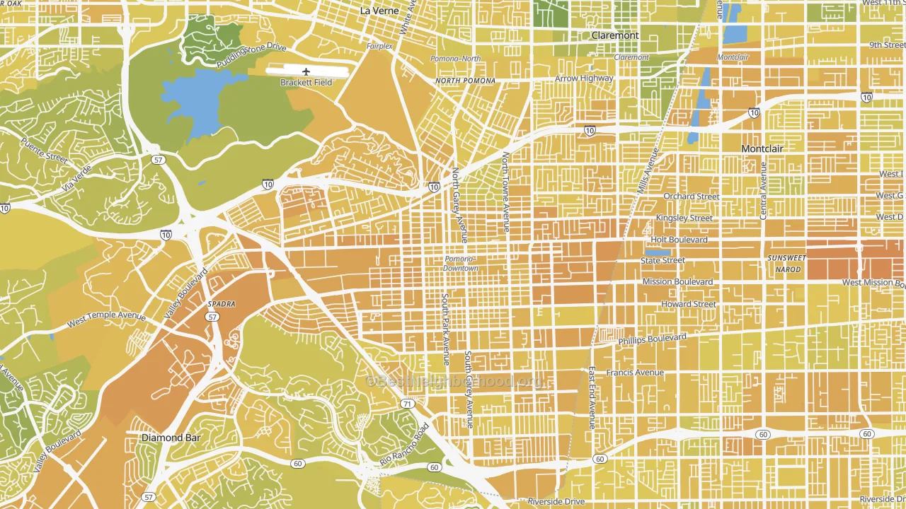 Map of the best neighborhoods in the Pomona area, with better matches in green and worse matches in red