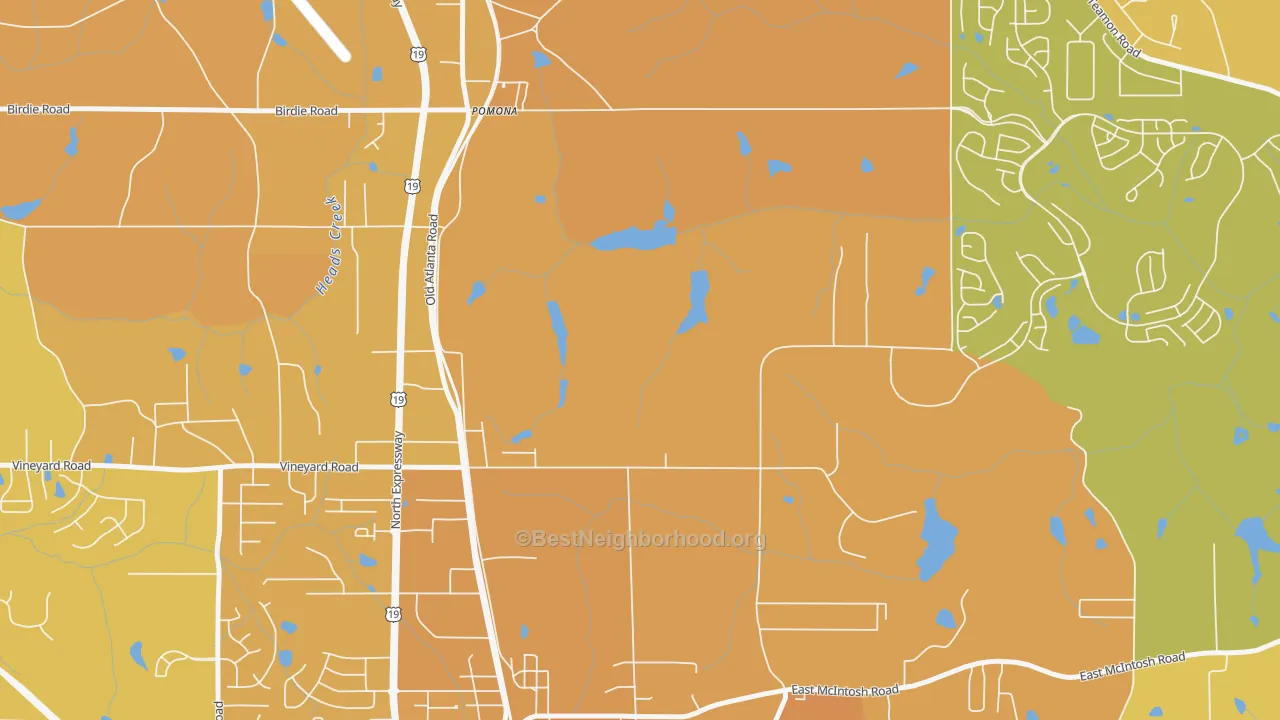 Map of the best neighborhoods in the Pomona area, with better matches in green and worse matches in red