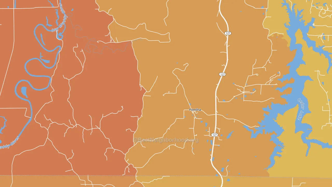 Map of the best neighborhoods in the Pomona area, with better matches in green and worse matches in red