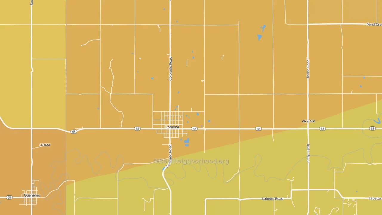 Map of the best neighborhoods in the Pomona area, with better matches in green and worse matches in red