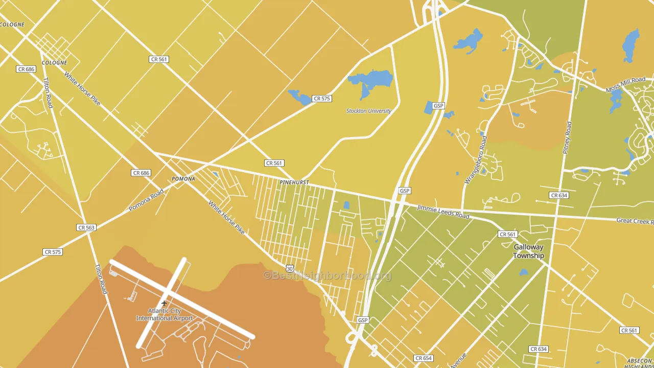 Map of the best neighborhoods in the Pomona area, with better matches in green and worse matches in red