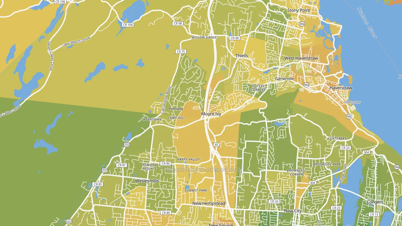 Map of the best neighborhoods in the Pomona area, with better matches in green and worse matches in red