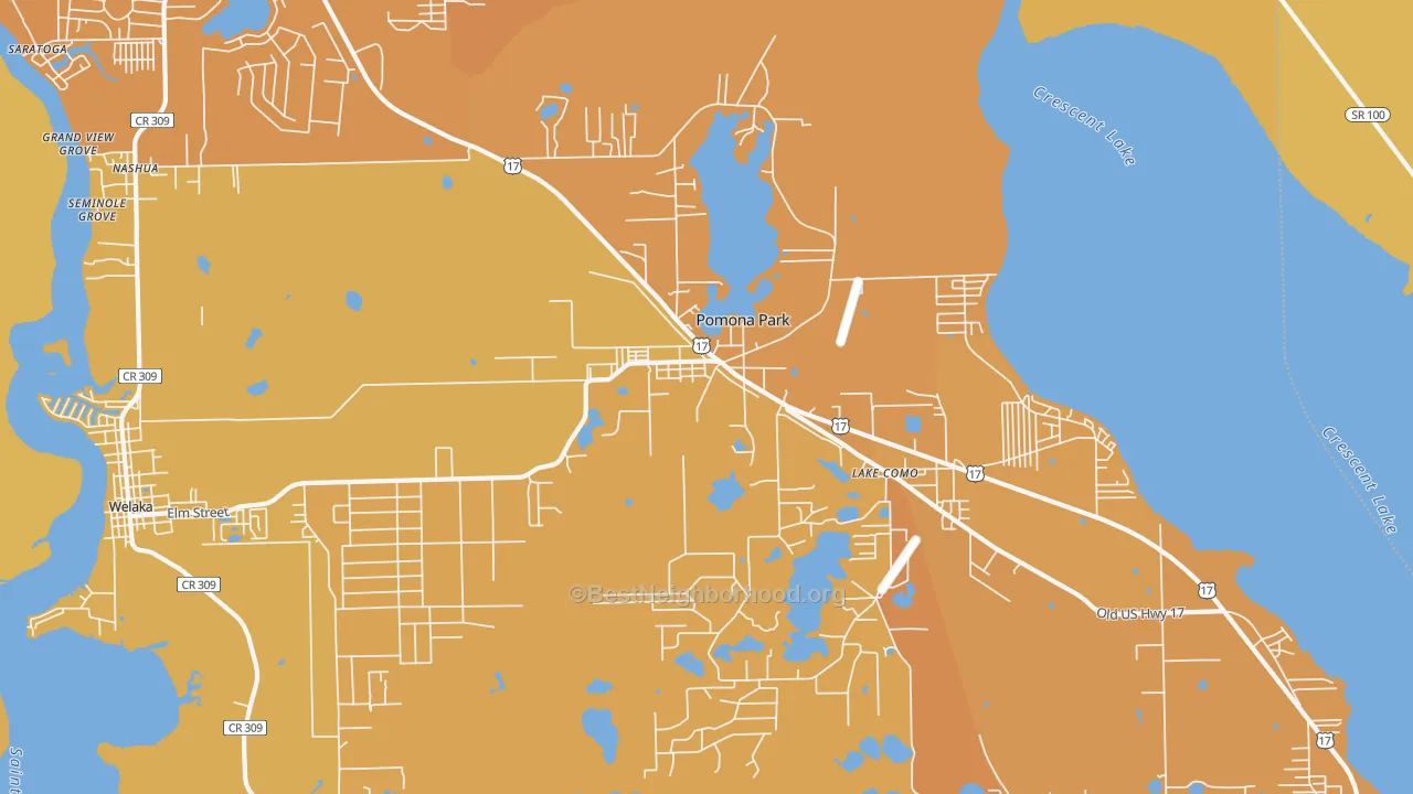 Map of the best neighborhoods in the Pomona Park area, with better matches in green and worse matches in red