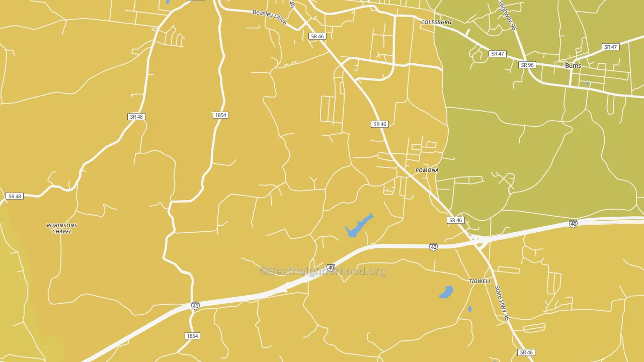 Map of the best neighborhoods in the Pomona area, with better matches in green and worse matches in red