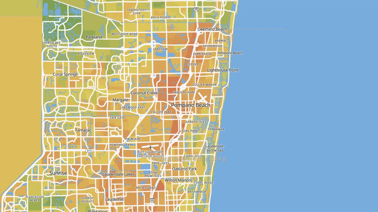Map of the best neighborhoods in the Pompano Beach area, with better matches in green and worse matches in red