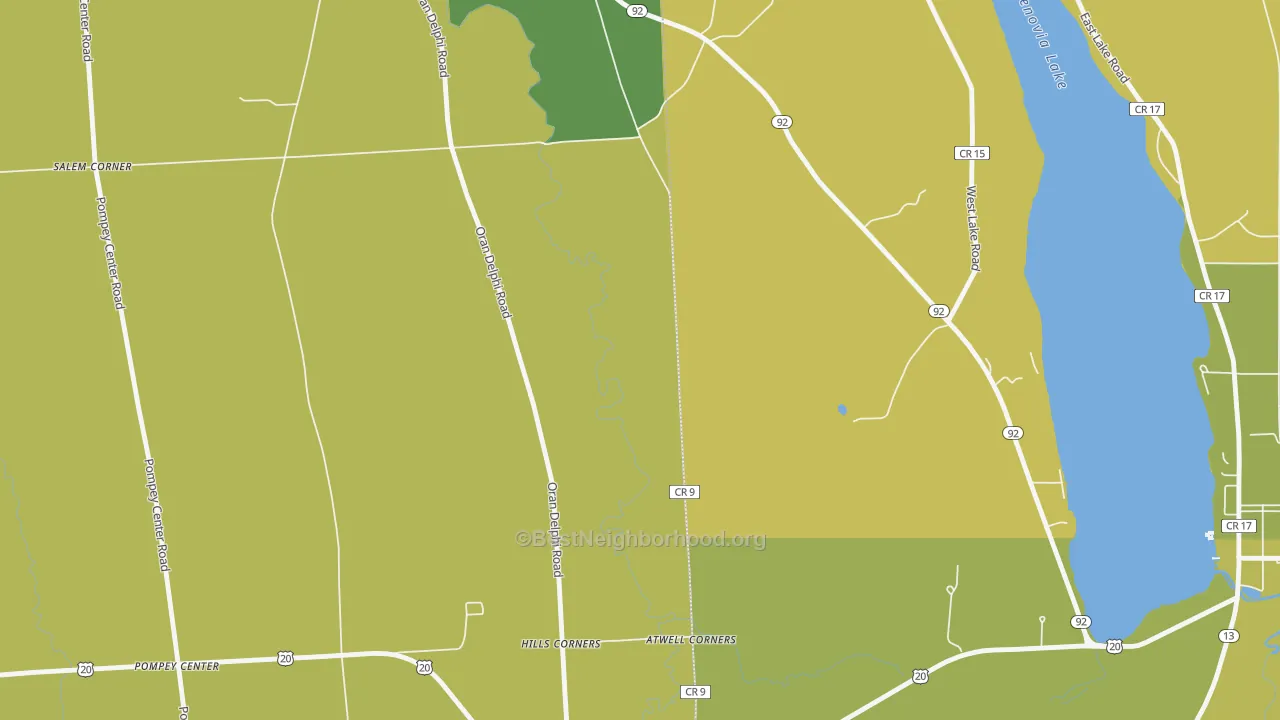 Map of the best neighborhoods in the Pompey Center area, with better matches in green and worse matches in red