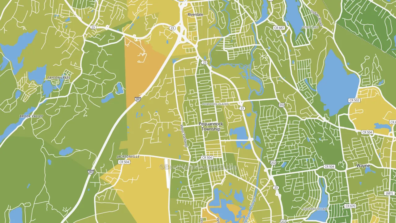 Map of the best neighborhoods in the Pompton Plains area, with better matches in green and worse matches in red