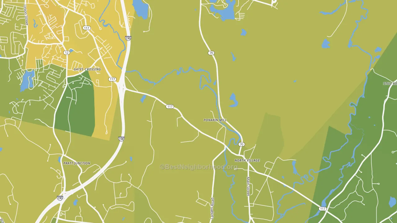 Map of the best neighborhoods in the Ponakin Mill area, with better matches in green and worse matches in red