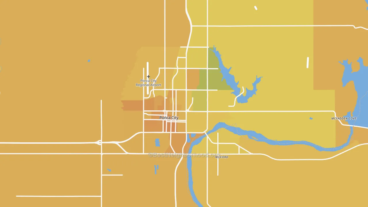 Map of the best neighborhoods in the Ponca City area, with better matches in green and worse matches in red