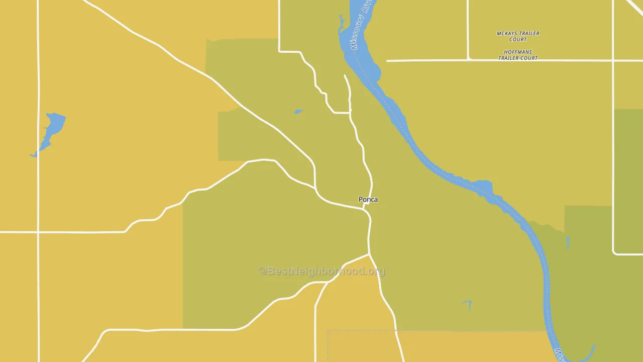 Map of the best neighborhoods in the Ponca area, with better matches in green and worse matches in red