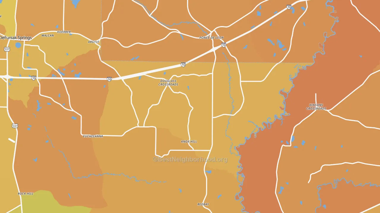 Map of the best neighborhoods in the Ponce de Leon area, with better matches in green and worse matches in red