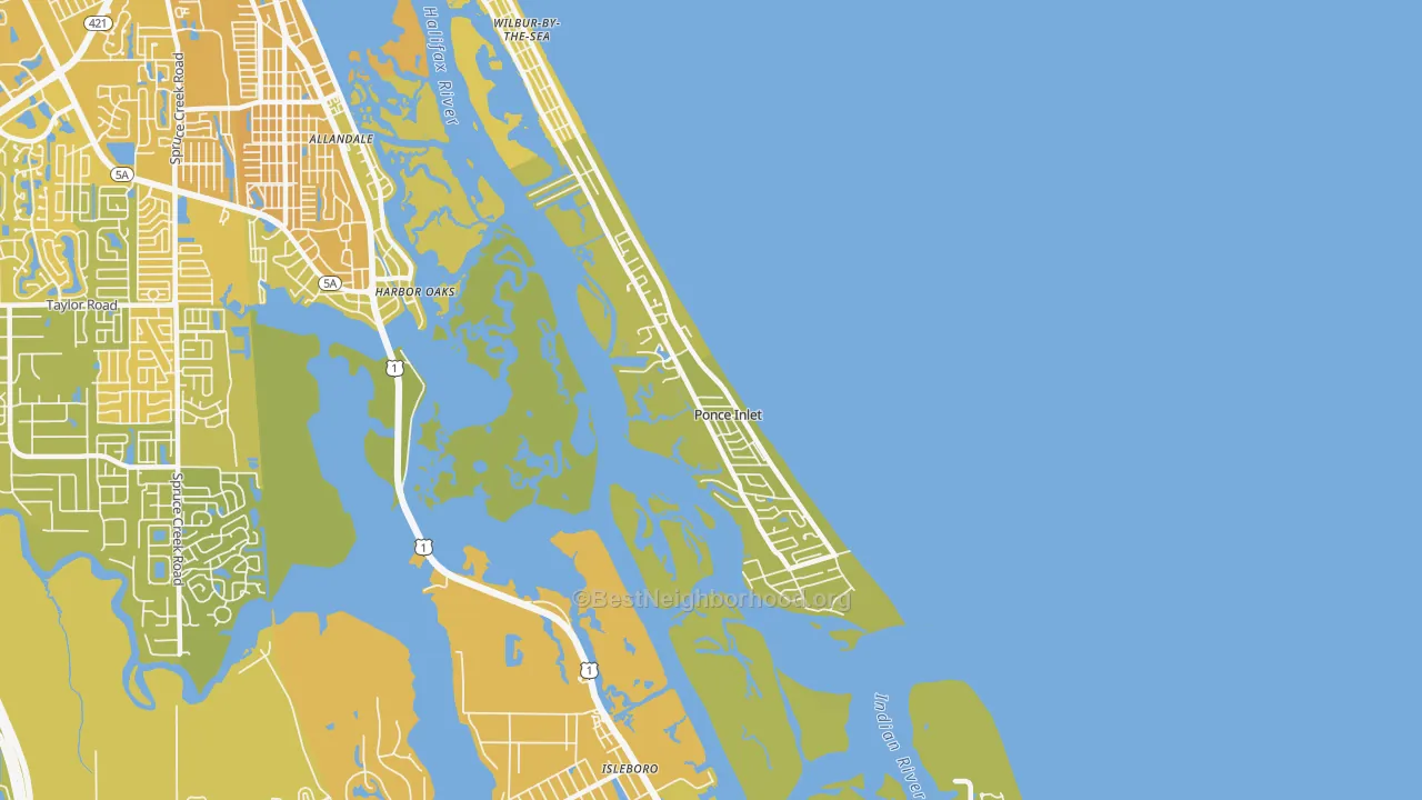 Map of the best neighborhoods in the Ponce Inlet area, with better matches in green and worse matches in red