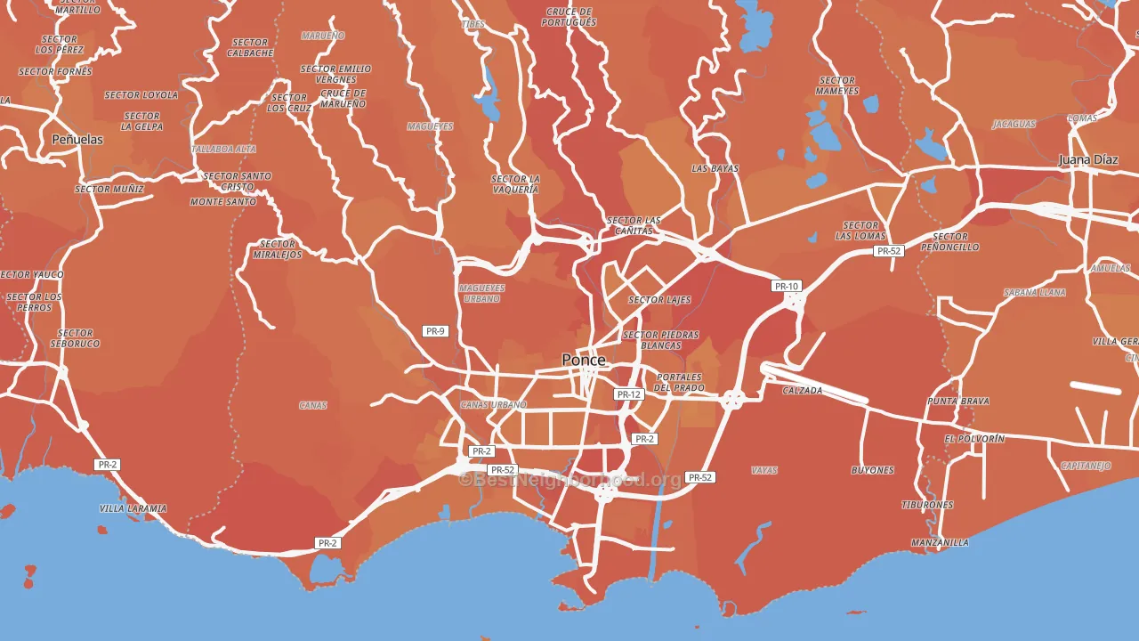 Map of the best neighborhoods in the Ponce Municipio area, with better matches in green and worse matches in red
