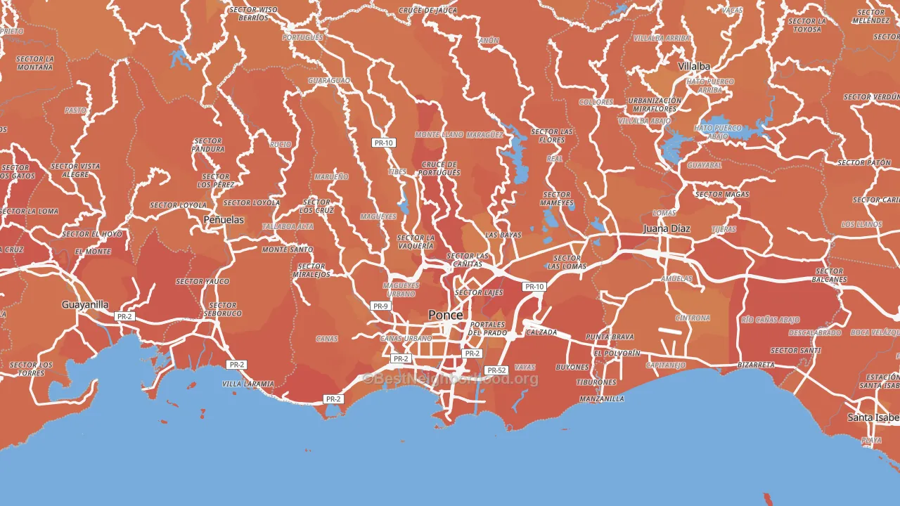 Map of the best neighborhoods in the Ponce area, with better matches in green and worse matches in red