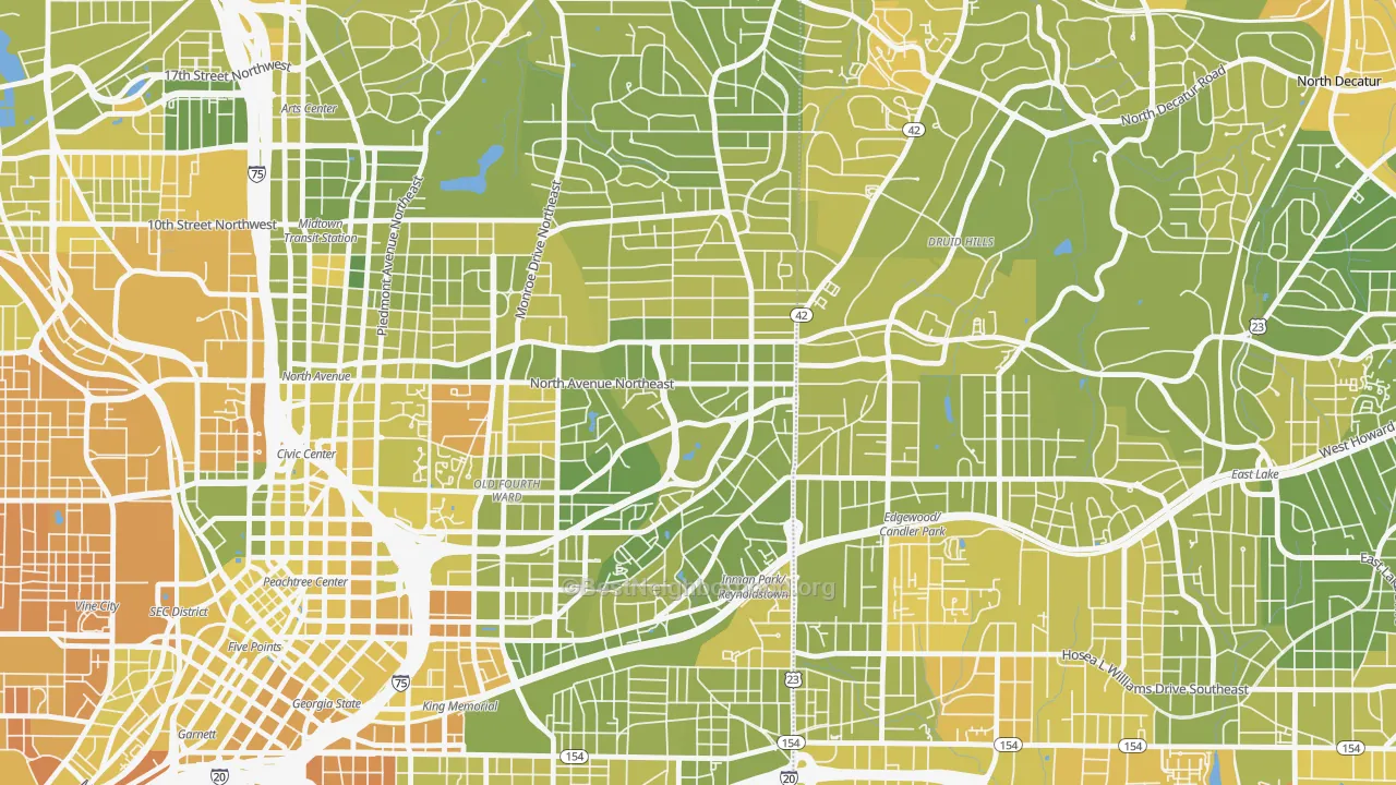 Map of the best neighborhoods in the Poncey-Highland, Atlanta area, with better matches in green and worse matches in red