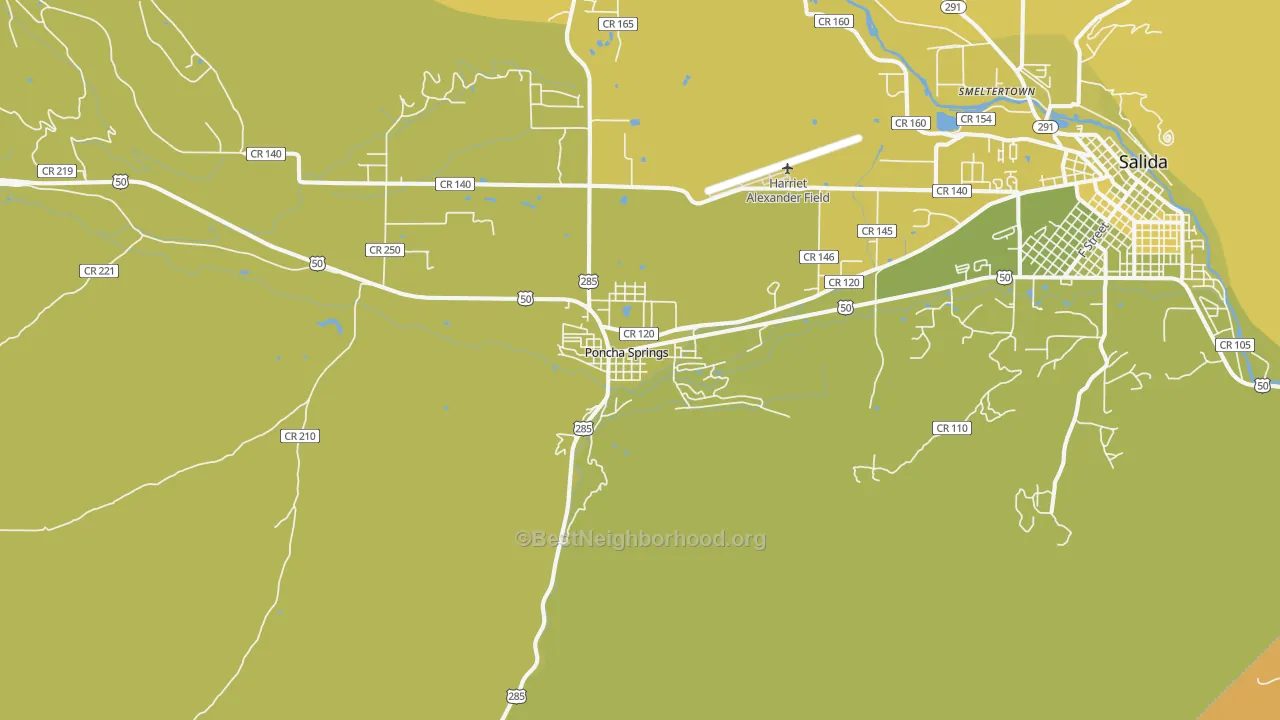 Map of the best neighborhoods in the Poncha Springs area, with better matches in green and worse matches in red