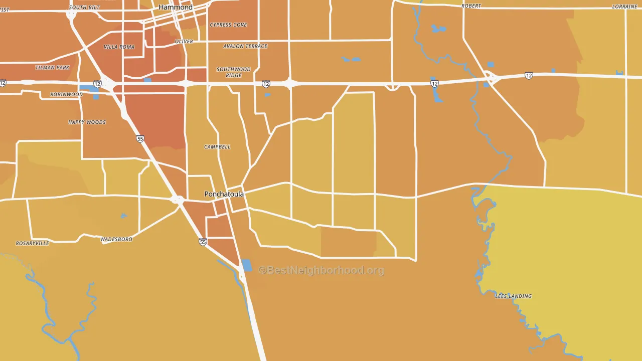 Map of the best neighborhoods in the Ponchatoula area, with better matches in green and worse matches in red