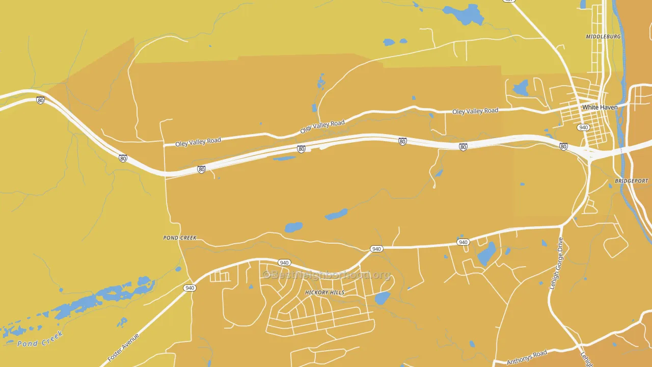 Map of the best neighborhoods in the Pond Creek area, with better matches in green and worse matches in red