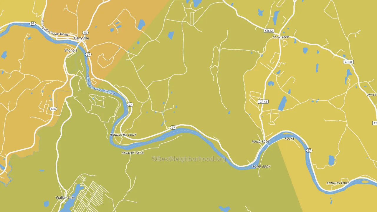 Map of the best neighborhoods in the Pond Eddy area, with better matches in green and worse matches in red