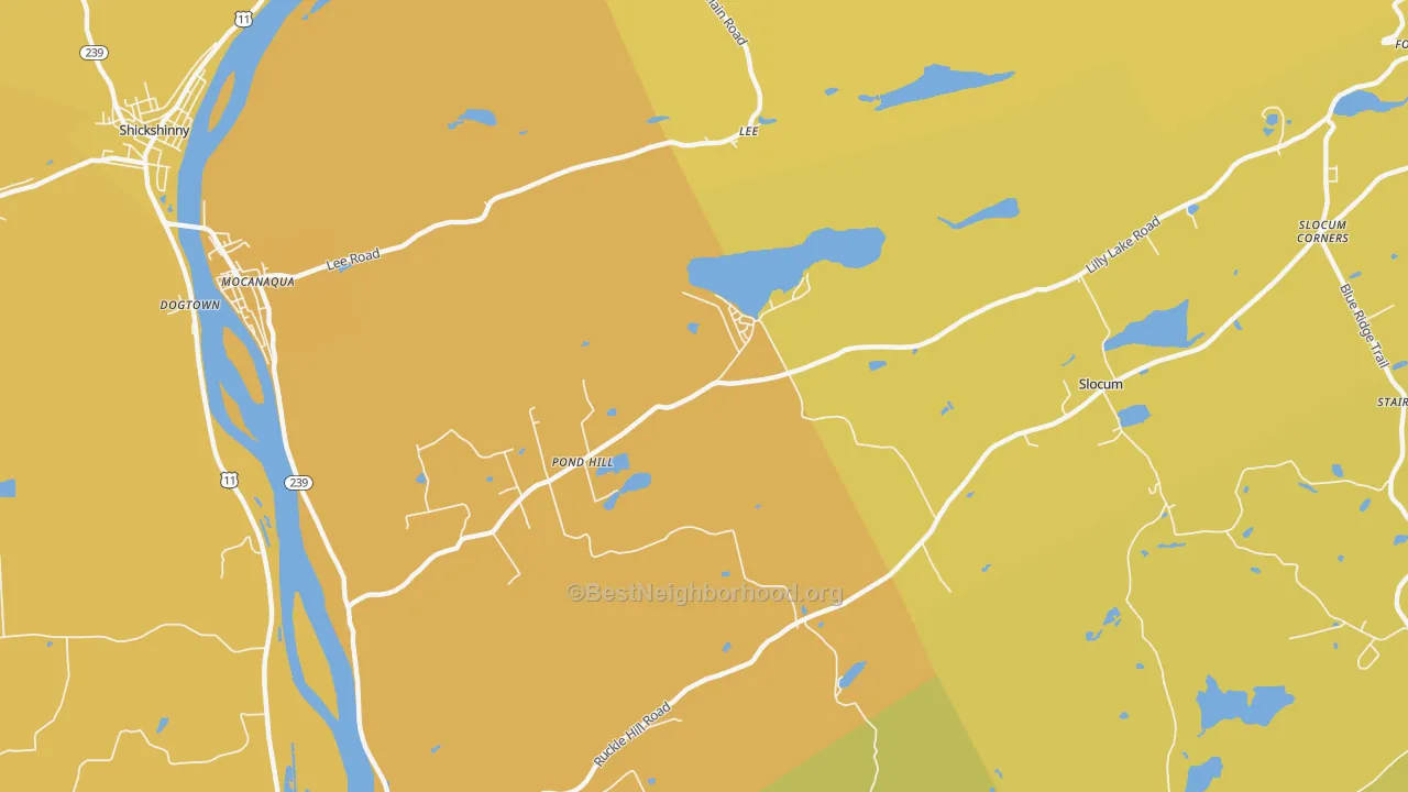 Map of the best neighborhoods in the Pond Hill area, with better matches in green and worse matches in red