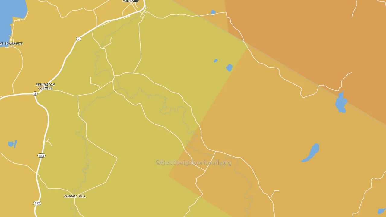 Map of the best neighborhoods in the Pond Settlement area, with better matches in green and worse matches in red