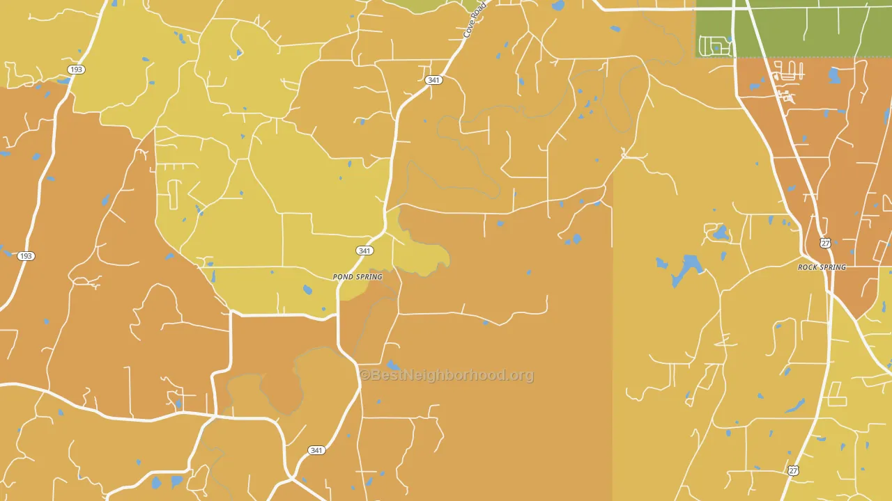 Map of the best neighborhoods in the Pond Spring area, with better matches in green and worse matches in red