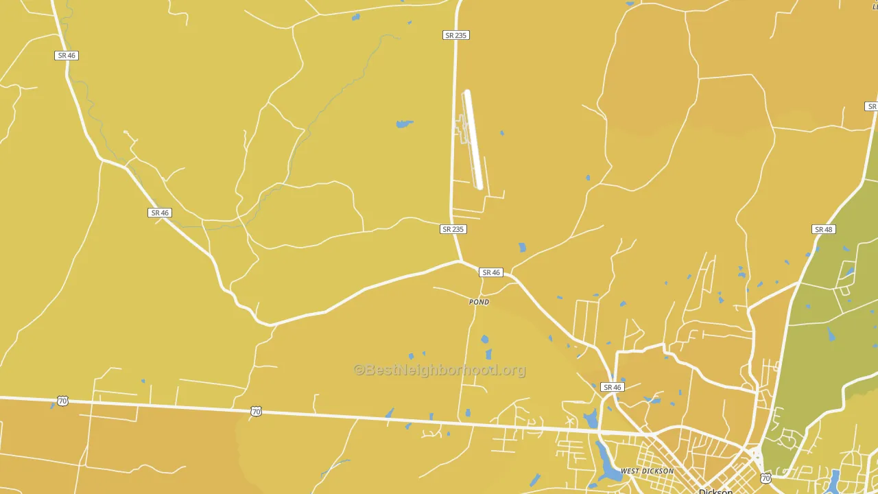 Map of the best neighborhoods in the Pond area, with better matches in green and worse matches in red