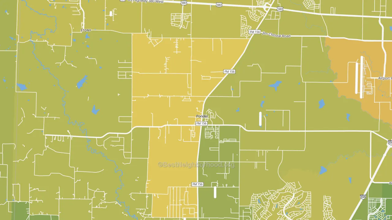 Map of the best neighborhoods in the Ponder area, with better matches in green and worse matches in red