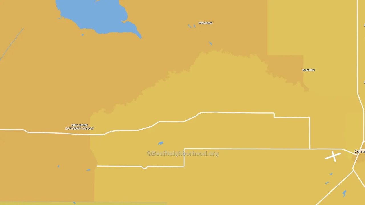Map of the best neighborhoods in the Pondera County area, with better matches in green and worse matches in red