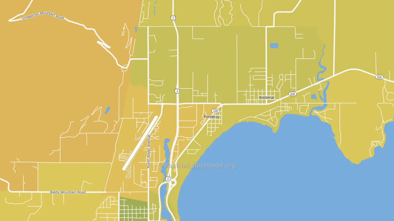 Map of the best neighborhoods in the Ponderay area, with better matches in green and worse matches in red