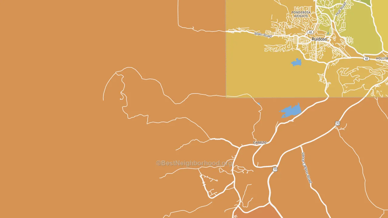 Map of the best neighborhoods in the Ponderosa Heights area, with better matches in green and worse matches in red
