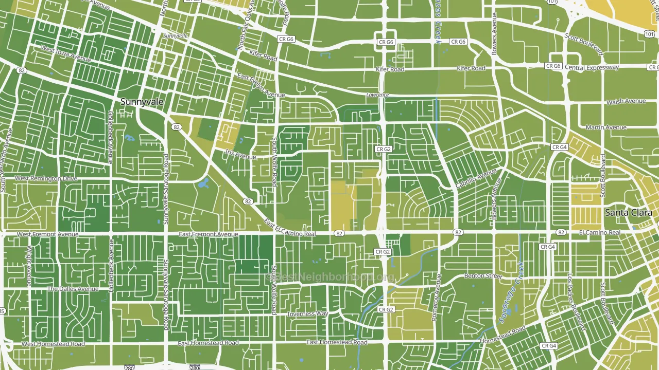 Map of the best neighborhoods in the Ponderosa Park, Sunnyvale area, with better matches in green and worse matches in red
