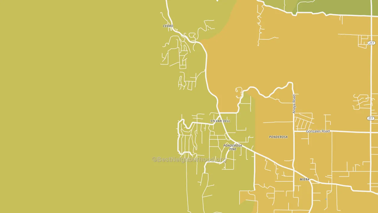 Map of the best neighborhoods in the Ponderosa Pine area, with better matches in green and worse matches in red