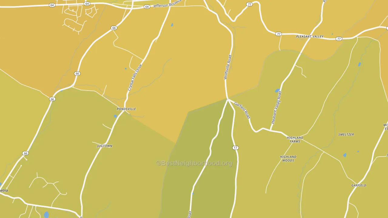 Map of the best neighborhoods in the Pondsville area, with better matches in green and worse matches in red
