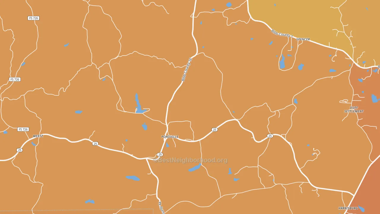 Map of the best neighborhoods in the Pondville area, with better matches in green and worse matches in red