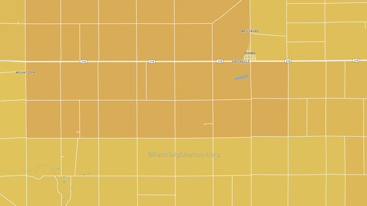 Map of the best neighborhoods in the Poneto area, with better matches in green and worse matches in red