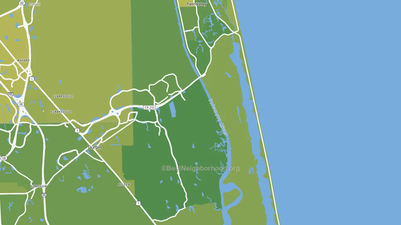 Map of the best neighborhoods in the Ponte Vedra Beach area, with better matches in green and worse matches in red