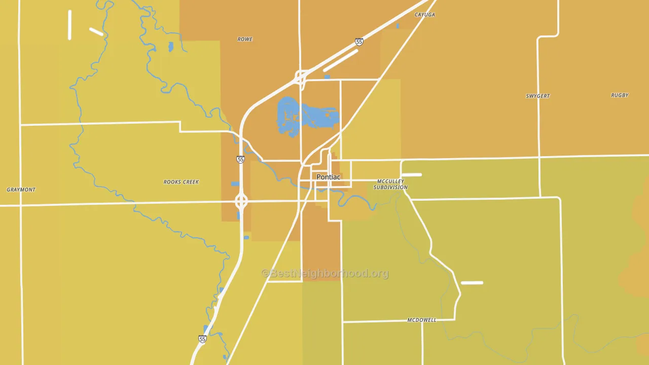 Map of the best neighborhoods in the Pontiac area, with better matches in green and worse matches in red