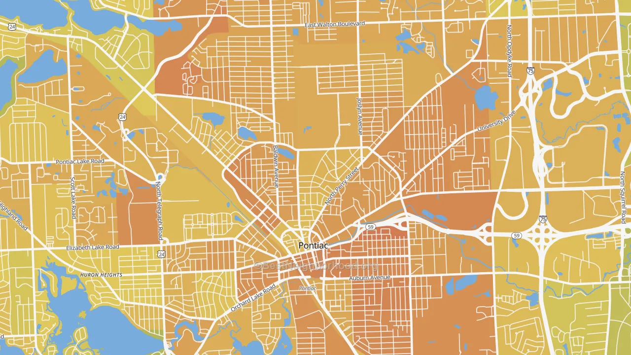 Map of the best neighborhoods in the Pontiac area, with better matches in green and worse matches in red
